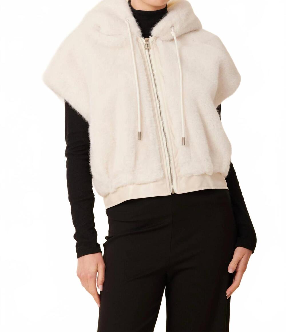 NEW DOLCE CABO faux fur vegan leather trim hoody vest in cream